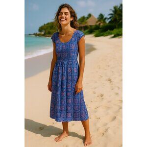 Vintage Reyn Spooner Hawaiian Dress Blue Pink Floral Cotton Midi Summer Resort